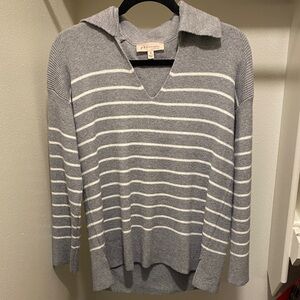 Women’s Gray and White Striped V-Neck Sweater